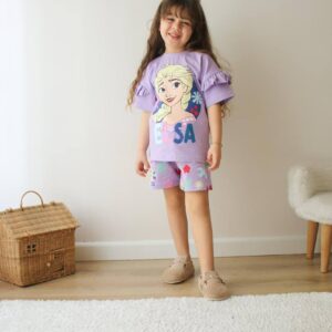 Детски комплект Elsa тениска и къси панталони лилав 5-6год., 7-8 год.
