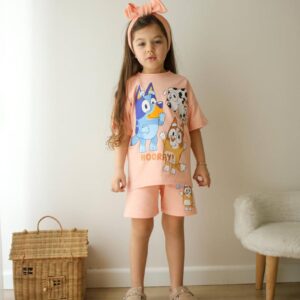 Детски комплект Bluey тениска и къси панталони розов 4-8 год
