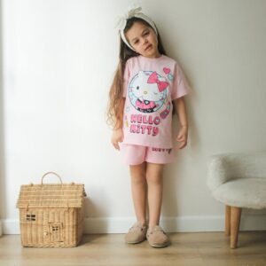 Детски комплект Hello Kitty тениска и къси панталони розов 4-10 год.